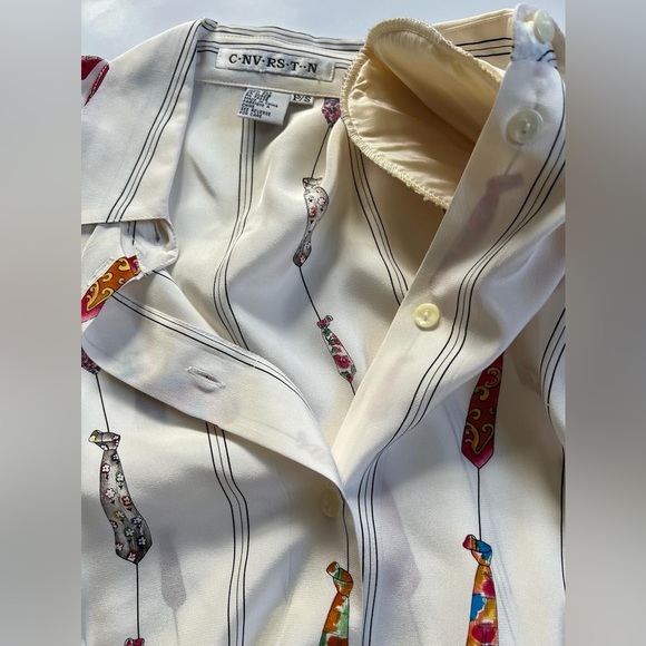 C.NV.RS.T..N 100% SILK Button up Long Sleeve Shirt Size P/S Neckties Print Beige - Picture 5 of 6